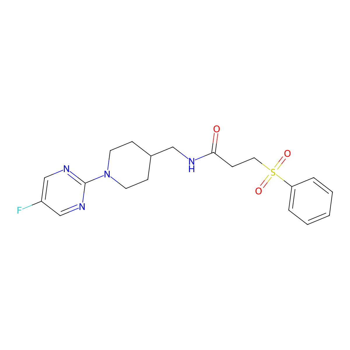 N-((1-(5-fluoropyrimidin-2-yl)piperidin-4-yl)methyl)-3-(phenylsulfonyl)propanamide molecular structure, CAS 2034284-97-2