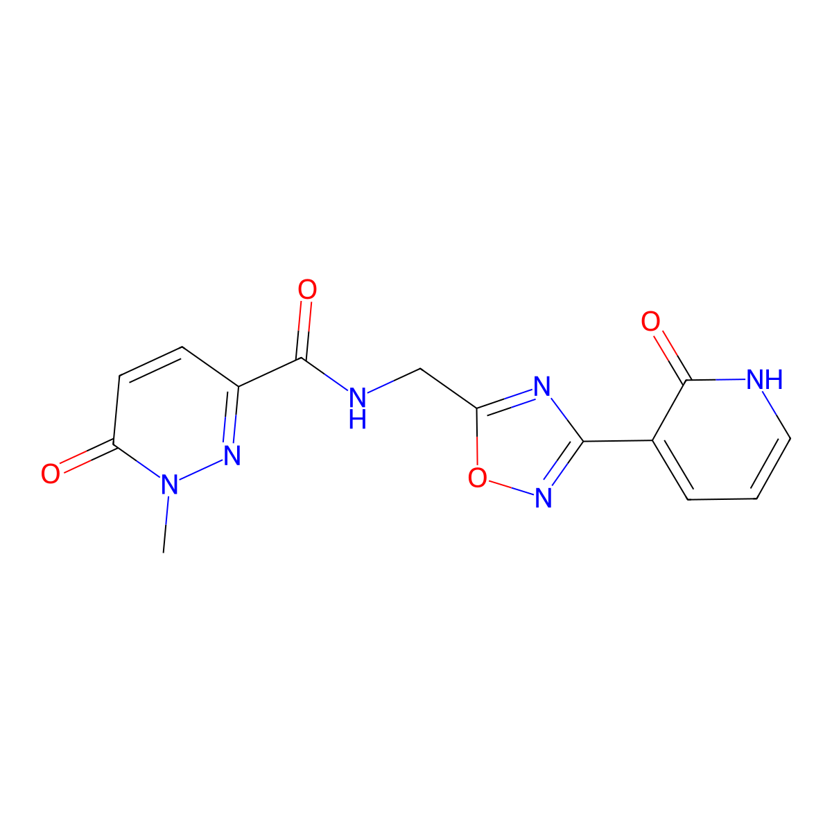 1-methyl-6-oxo-N-((3-(2-oxo-1,2-dihydropyridin-3-yl)-1,2,4-oxadiazol-5-yl)methyl)-1,6-dihydropyridazine-3-carboxamide molecular structure, CAS 2034285-04-4
