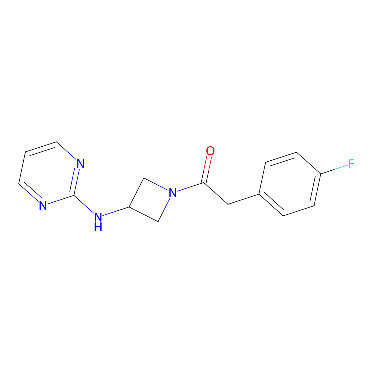 2-(4-Fluorophenyl)-1-(3-(pyrimidin-2-ylamino)azetidin-1-yl)ethanone molecular structure, CAS 2034285-18-0