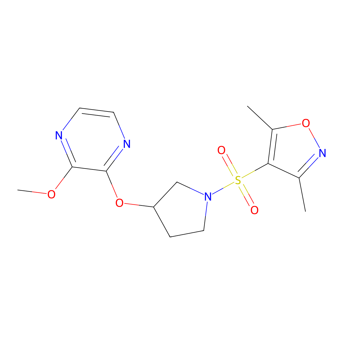 4-((3-((3-Methoxypyrazin-2-yl)oxy)pyrrolidin-1-yl)sulfonyl)-3,5-dimethylisoxazole molecular structure, CAS 2034285-21-5
