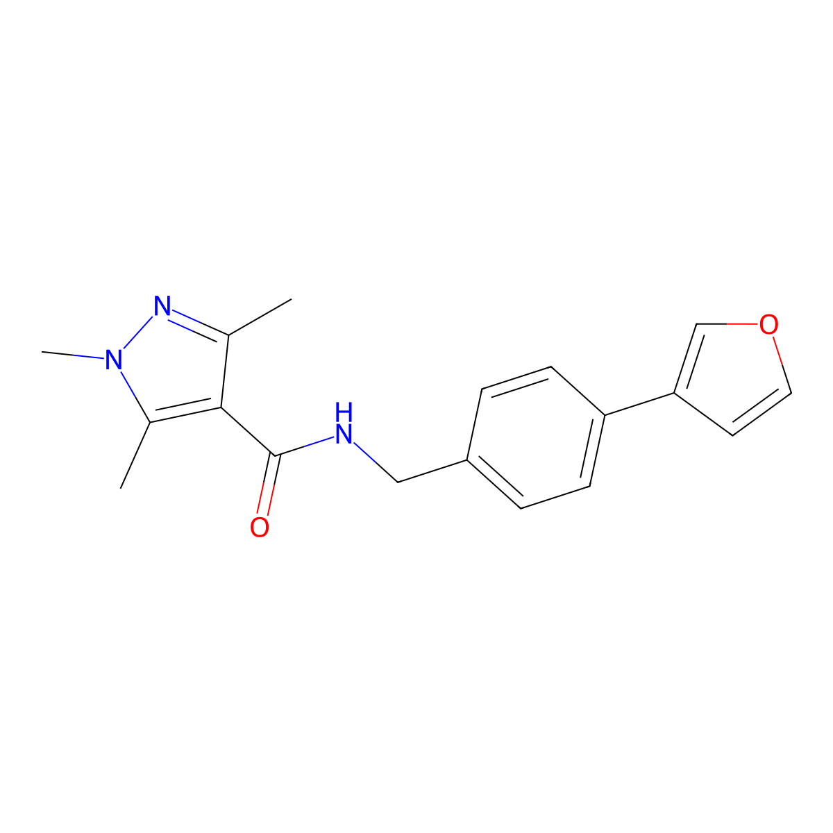 N-(4-(furan-3-yl)benzyl)-1,3,5-trimethyl-1H-pyrazole-4-carboxamide molecular structure, CAS 2034285-25-9