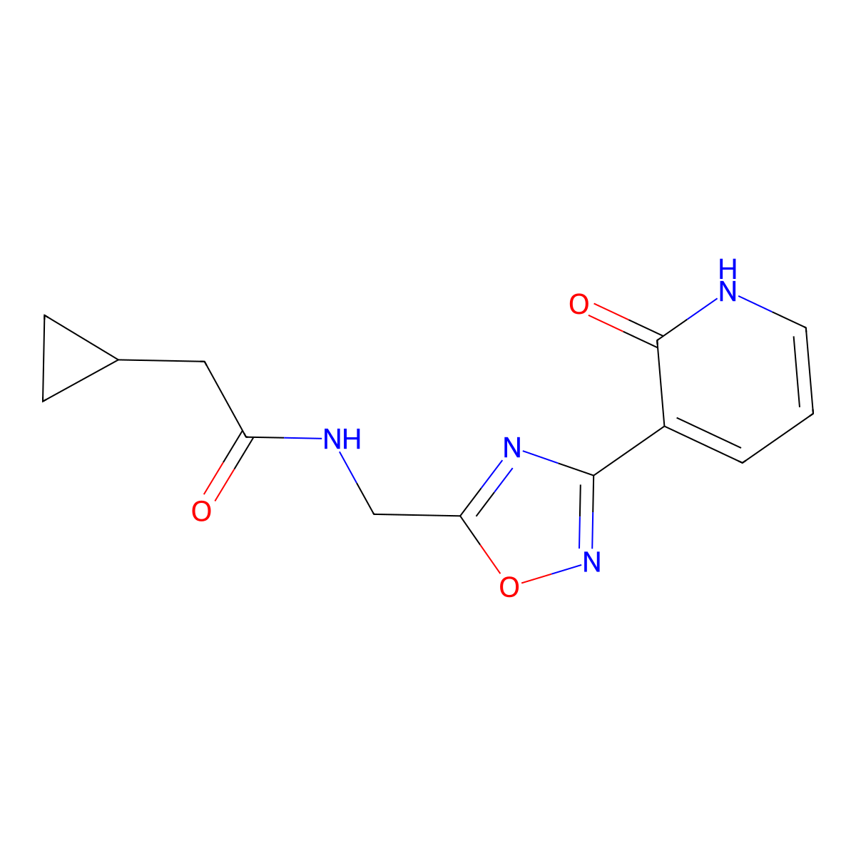 2-cyclopropyl-N-((3-(2-oxo-1,2-dihydropyridin-3-yl)-1,2,4-oxadiazol-5-yl)methyl)acetamide molecular structure, CAS 2034285-40-8