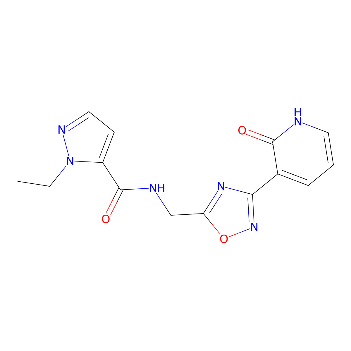 1-ethyl-N-((3-(2-oxo-1,2-dihydropyridin-3-yl)-1,2,4-oxadiazol-5-yl)methyl)-1H-pyrazole-5-carboxamide molecular structure, CAS 2034285-47-5