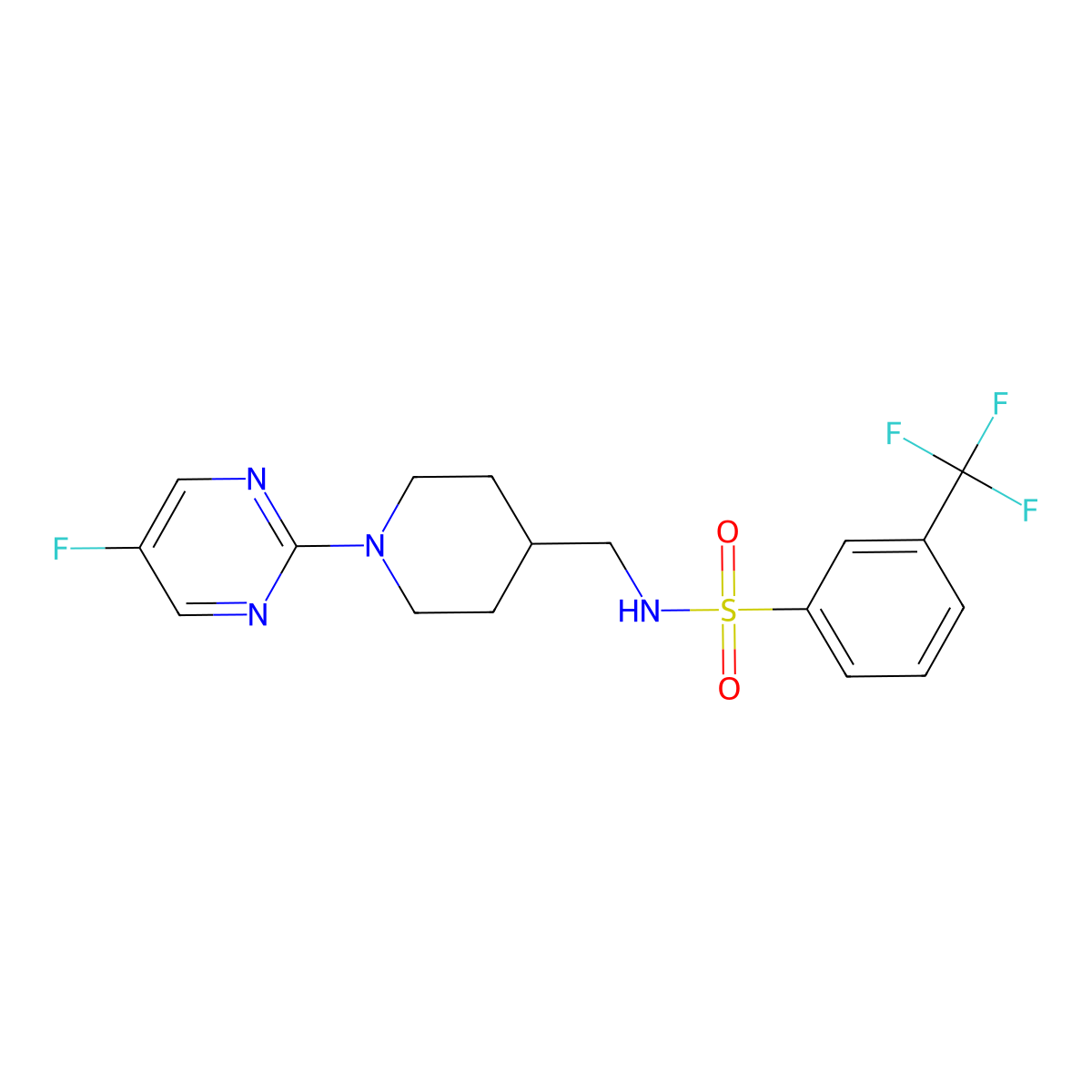 N-((1-(5-fluoropyrimidin-2-yl)piperidin-4-yl)methyl)-3-(trifluoromethyl)benzenesulfonamide molecular structure, CAS 2034285-57-7