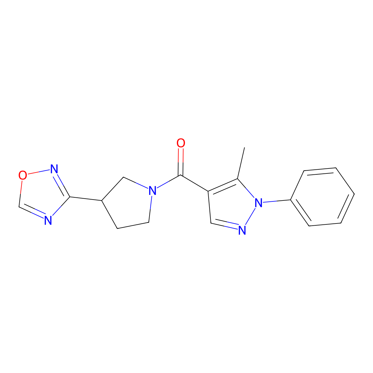 (3-(1,2,4-oxadiazol-3-yl)pyrrolidin-1-yl)(5-methyl-1-phenyl-1H-pyrazol-4-yl)methanone molecular structure, CAS 2034285-72-6