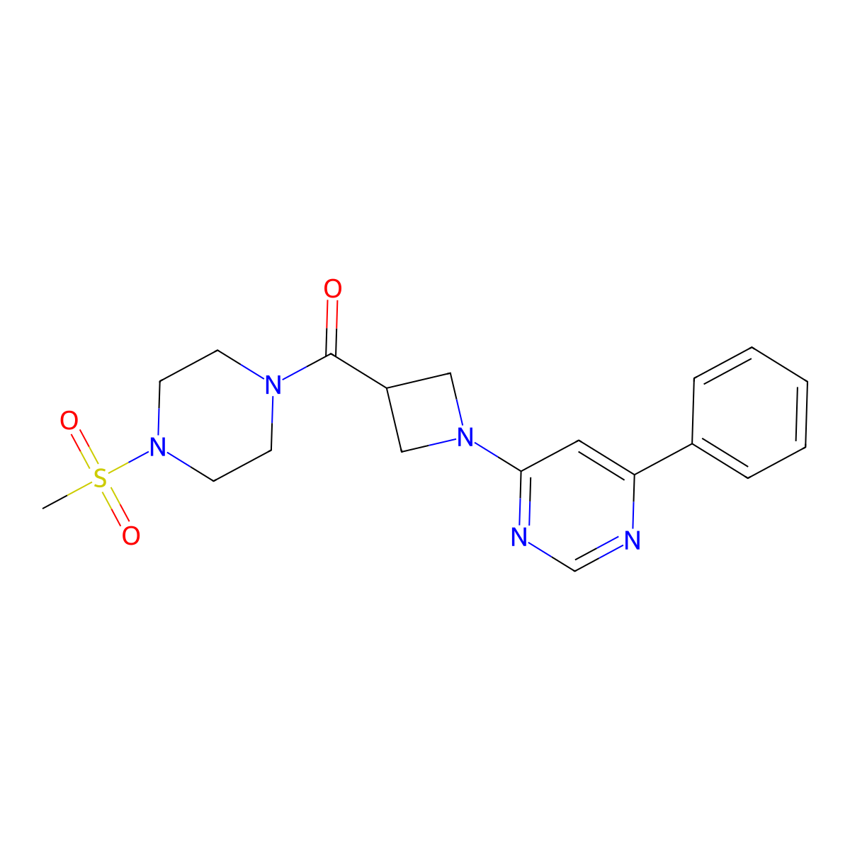 (4-(Methylsulfonyl)piperazin-1-yl)(1-(6-phenylpyrimidin-4-yl)azetidin-3-yl)methanone molecular structure, CAS 2034285-74-8