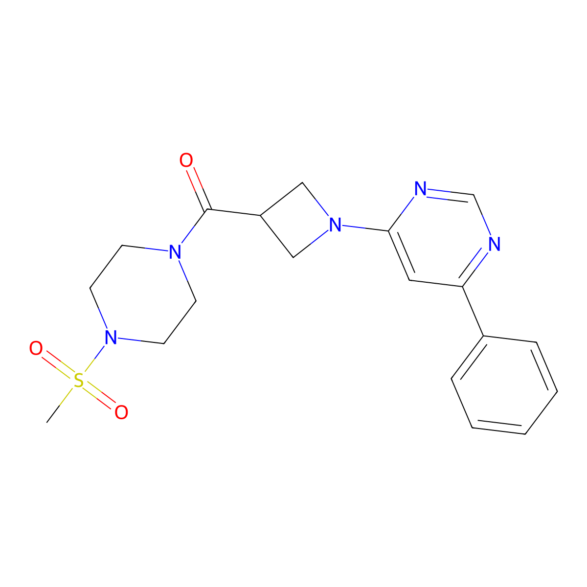 (4-(Methylsulfonyl)piperazin-1-yl)(1-(6-phenylpyrimidin-4-yl)azetidin-3-yl)methanone molecular structure, CAS 2034285-74-8