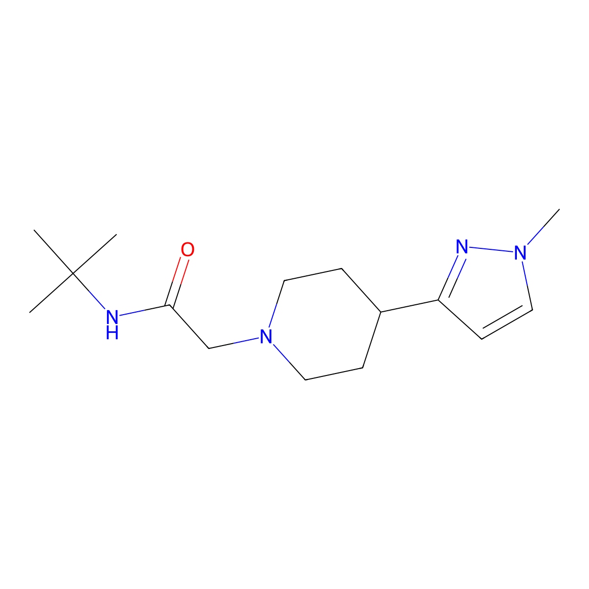 N-(tert-butyl)-2-(4-(1-methyl-1H-pyrazol-3-yl)piperidin-1-yl)acetamide molecular structure, CAS 2034285-76-0