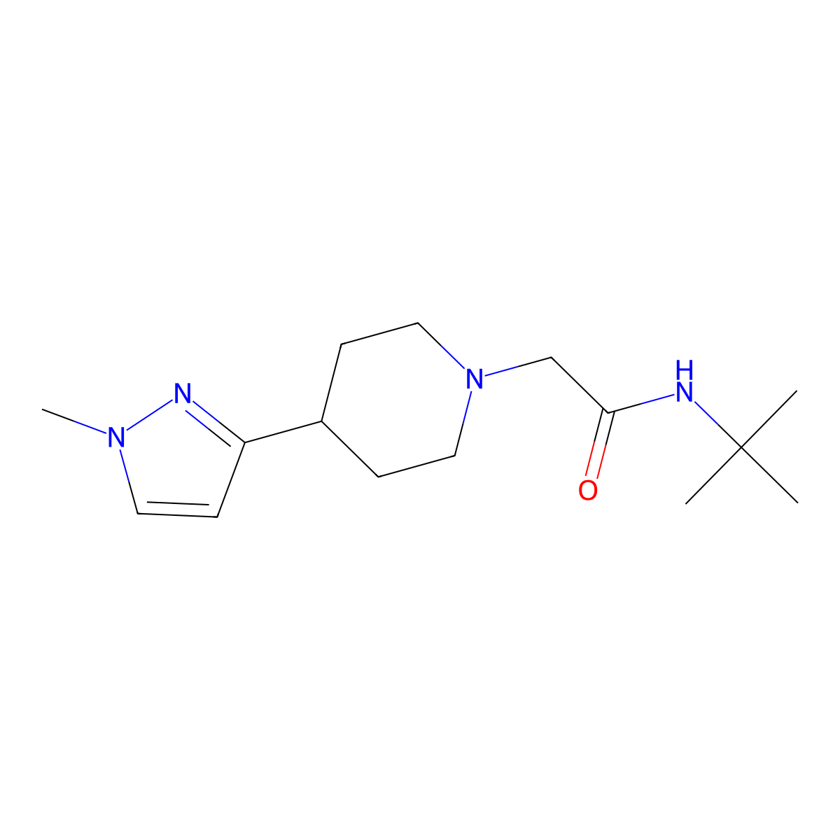 N-(tert-butyl)-2-(4-(1-methyl-1H-pyrazol-3-yl)piperidin-1-yl)acetamide molecular structure, CAS 2034285-76-0