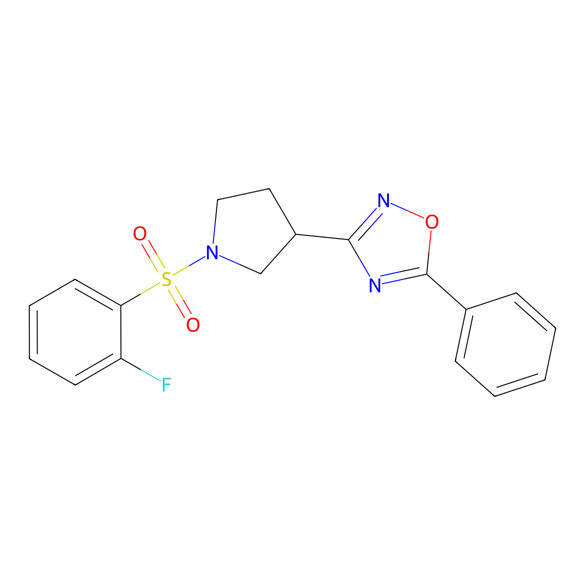 3-(1-((2-Fluorophenyl)sulfonyl)pyrrolidin-3-yl)-5-phenyl-1,2,4-oxadiazole molecular structure, CAS 2034285-93-1