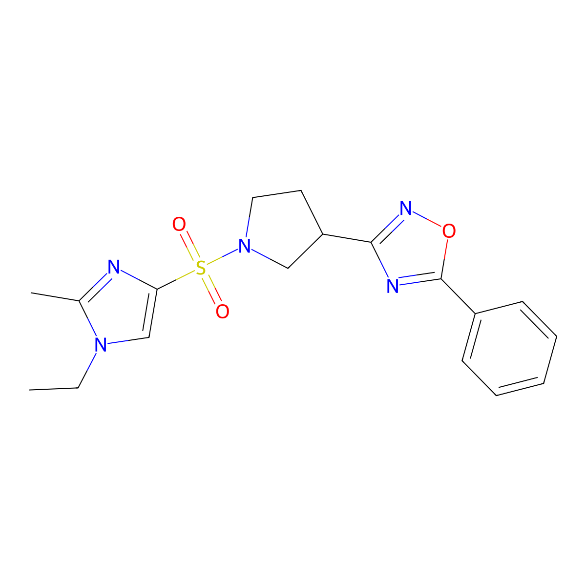 3-(1-((1-ethyl-2-methyl-1H-imidazol-4-yl)sulfonyl)pyrrolidin-3-yl)-5-phenyl-1,2,4-oxadiazole molecular structure, CAS 2034285-97-5