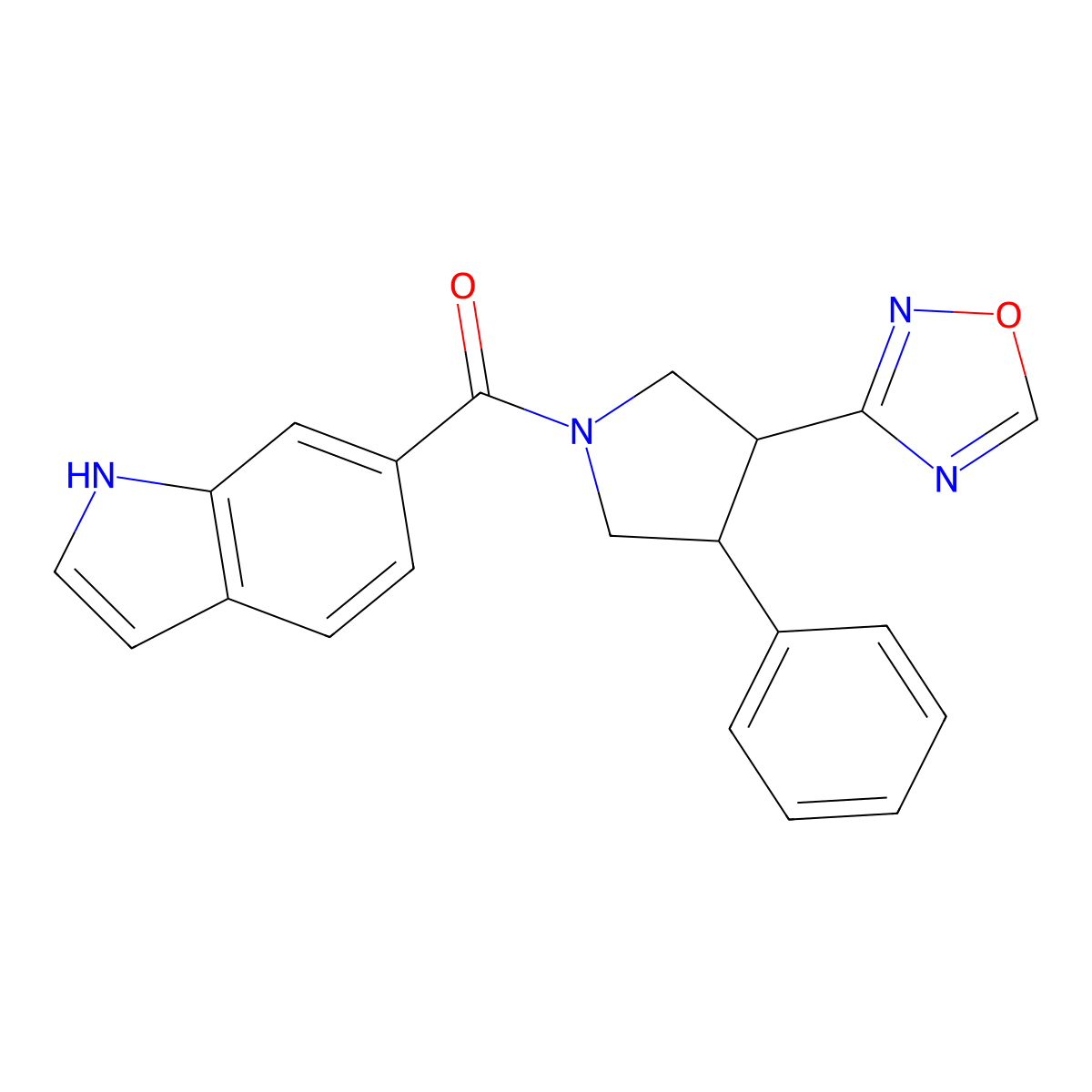 (3-(1,2,4-oxadiazol-3-yl)-4-phenylpyrrolidin-1-yl)(1H-indol-6-yl)methanone molecular structure, CAS 2034286-00-3