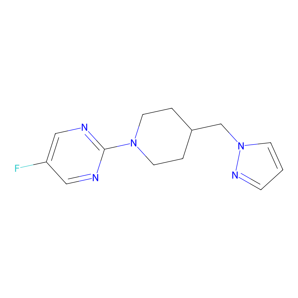 2-(4-((1H-pyrazol-1-yl)methyl)piperidin-1-yl)-5-fluoropyrimidine molecular structure, CAS 2034286-08-1