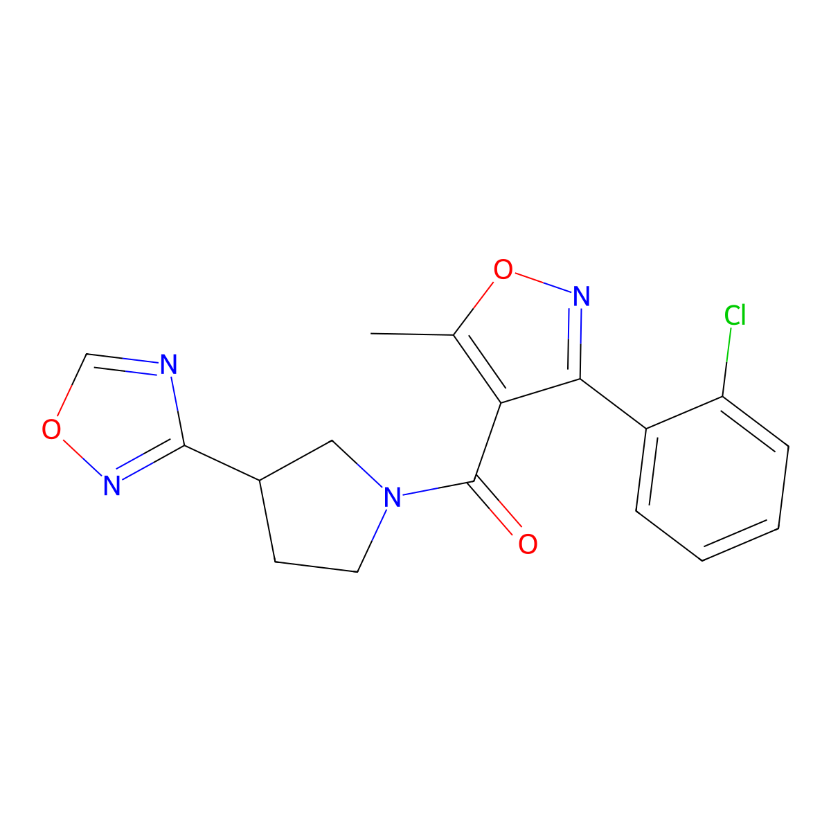 (3-(1,2,4-Oxadiazol-3-yl)pyrrolidin-1-yl)(3-(2-chlorophenyl)-5-methylisoxazol-4-yl)methanone molecular structure, CAS 2034286-14-9