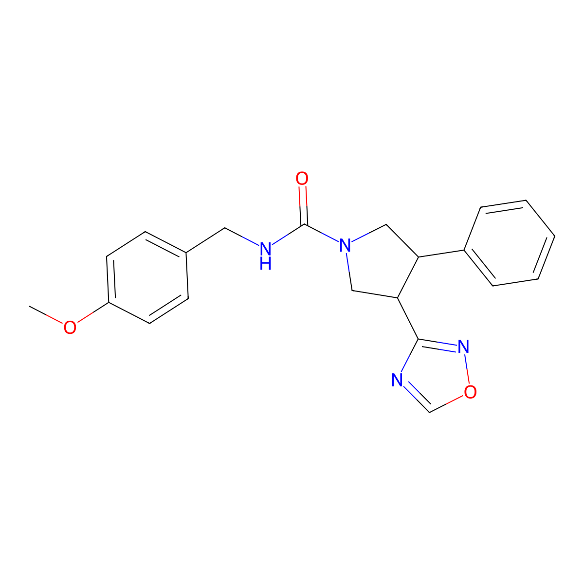 N-(4-methoxybenzyl)-3-(1,2,4-oxadiazol-3-yl)-4-phenylpyrrolidine-1-carboxamide molecular structure, CAS 2034286-28-5