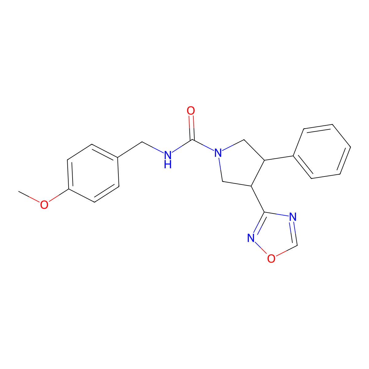 N-(4-methoxybenzyl)-3-(1,2,4-oxadiazol-3-yl)-4-phenylpyrrolidine-1-carboxamide molecular structure, CAS 2034286-28-5