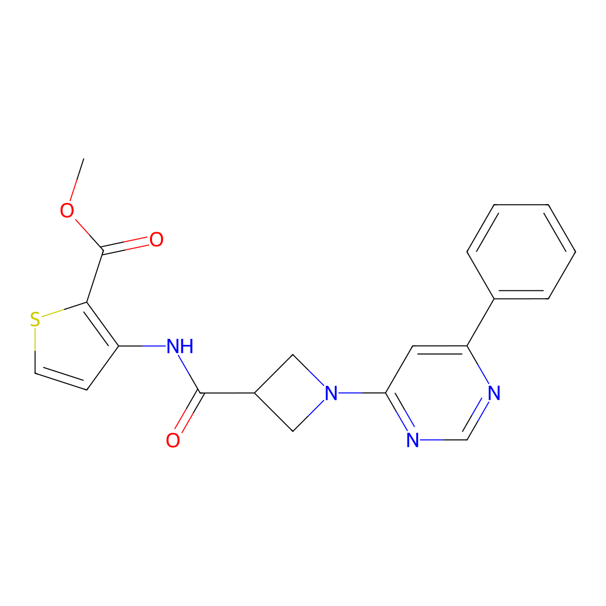 Methyl 3-(1-(6-phenylpyrimidin-4-yl)azetidine-3-carboxamido)thiophene-2-carboxylate molecular structure, CAS 2034286-39-8
