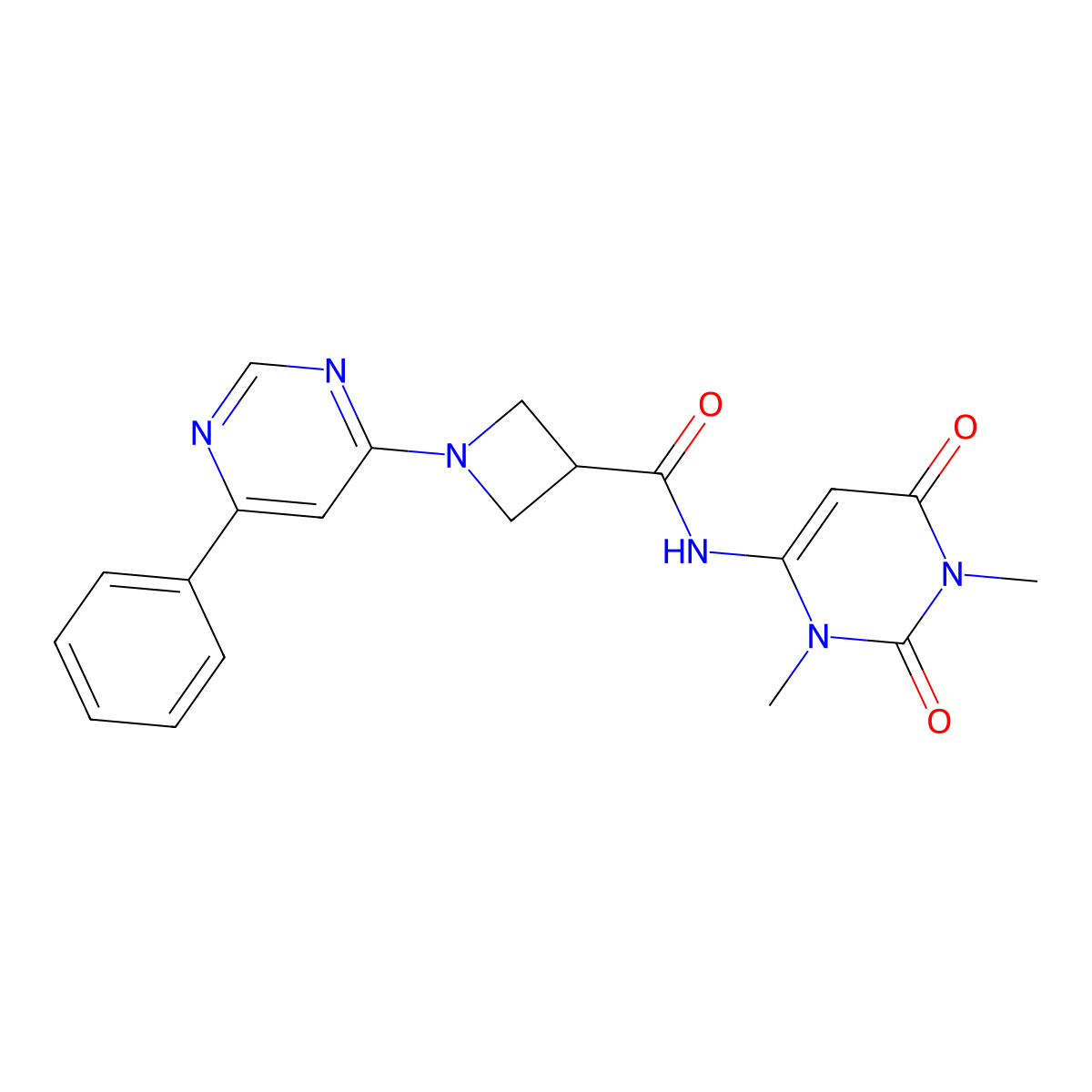 N-(1,3-dimethyl-2,6-dioxo-1,2,3,6-tetrahydropyrimidin-4-yl)-1-(6-phenylpyrimidin-4-yl)azetidine-3-carboxamide molecular structure, CAS 2034286-78-5