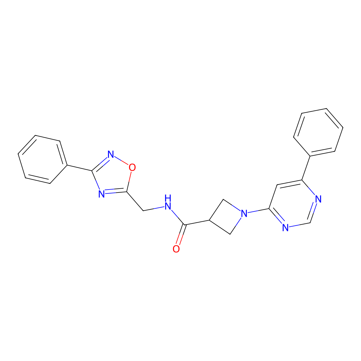 N-[(3-phenyl-1,2,4-oxadiazol-5-yl)methyl]-1-(6-phenylpyrimidin-4-yl)azetidine-3-carboxamide molecular structure, CAS 2034286-89-8