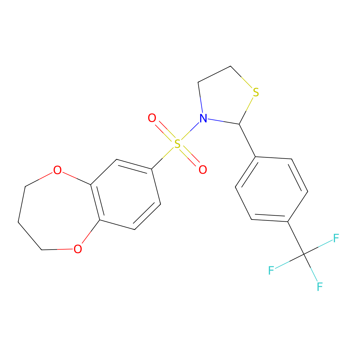 3-((3,4-dihydro-2H-benzo[b][1,4]dioxepin-7-yl)sulfonyl)-2-(4-(trifluoromethyl)phenyl)thiazolidine molecular structure, CAS 2034286-96-7