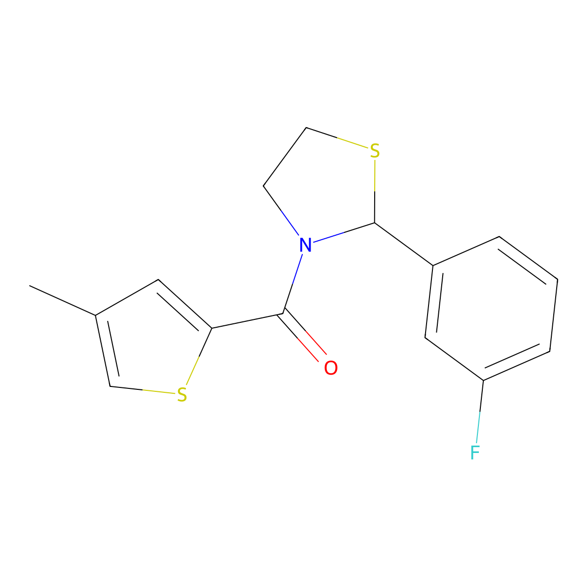 (2-(3-Fluorophenyl)thiazolidin-3-yl)(4-methylthiophen-2-yl)methanone molecular structure, CAS 2034286-99-0