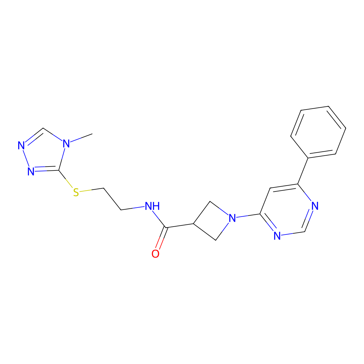 N-(2-((4-methyl-4H-1,2,4-triazol-3-yl)thio)ethyl)-1-(6-phenylpyrimidin-4-yl)azetidine-3-carboxamide molecular structure, CAS 2034287-06-2