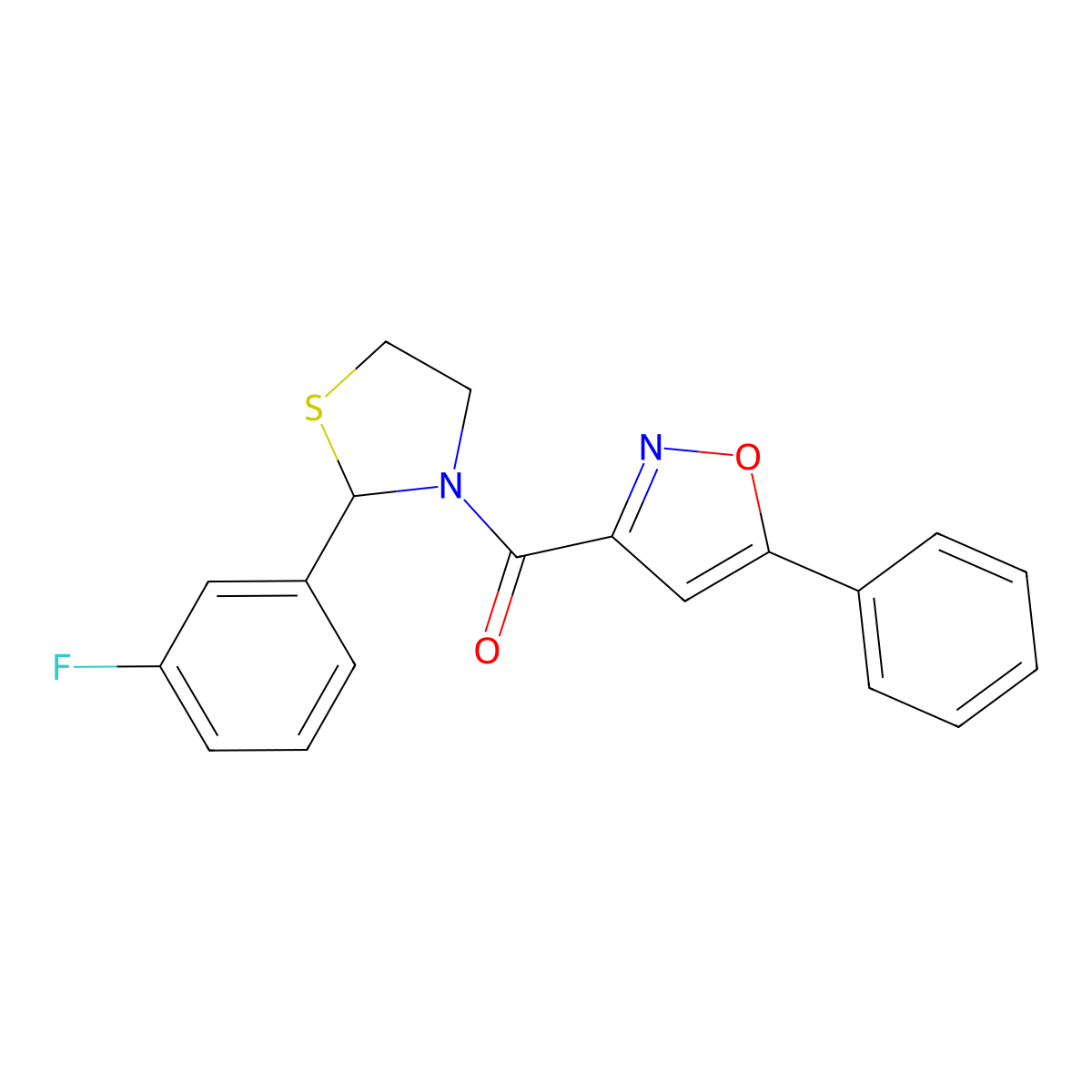 (2-(3-Fluorophenyl)thiazolidin-3-yl)(5-phenylisoxazol-3-yl)methanone molecular structure, CAS 2034287-07-3