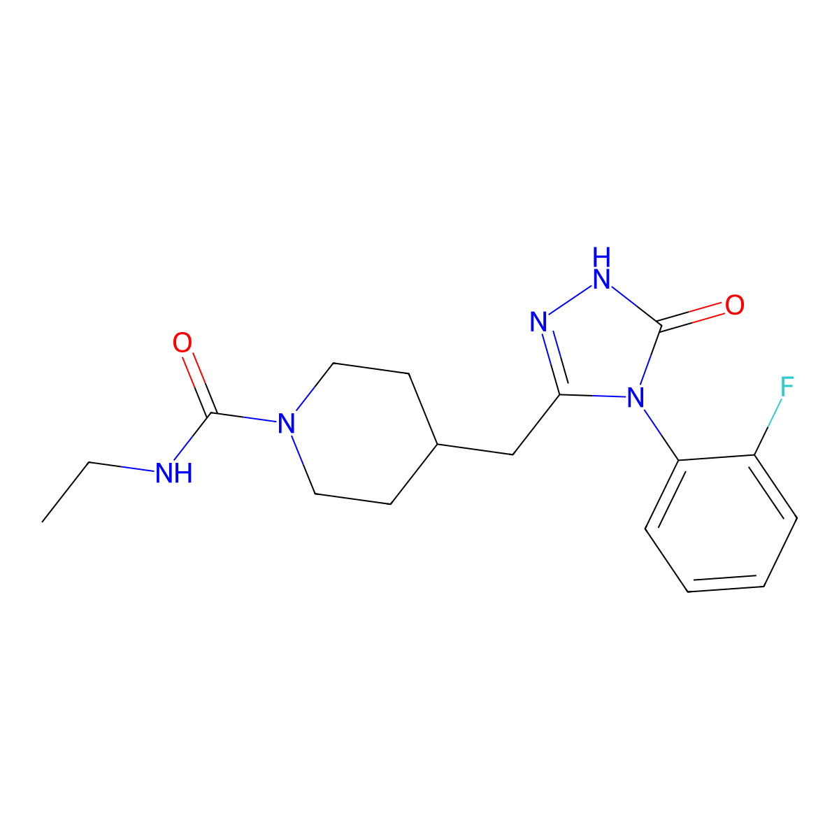 N-ethyl-4-((4-(2-fluorophenyl)-5-oxo-4,5-dihydro-1H-1,2,4-triazol-3-yl)methyl)piperidine-1-carboxamide molecular structure, CAS 2034287-08-4