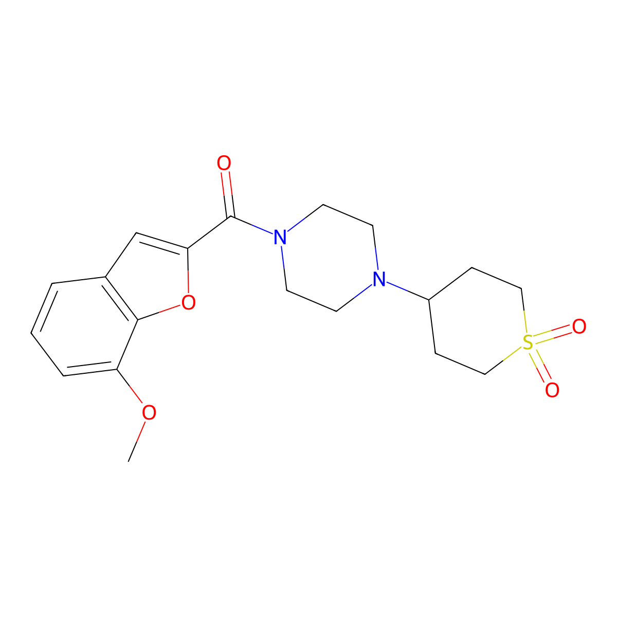 (4-(1,1-dioxidotetrahydro-2H-thiopyran-4-yl)piperazin-1-yl)(7-methoxybenzofuran-2-yl)methanone molecular structure, CAS 2034287-15-3
