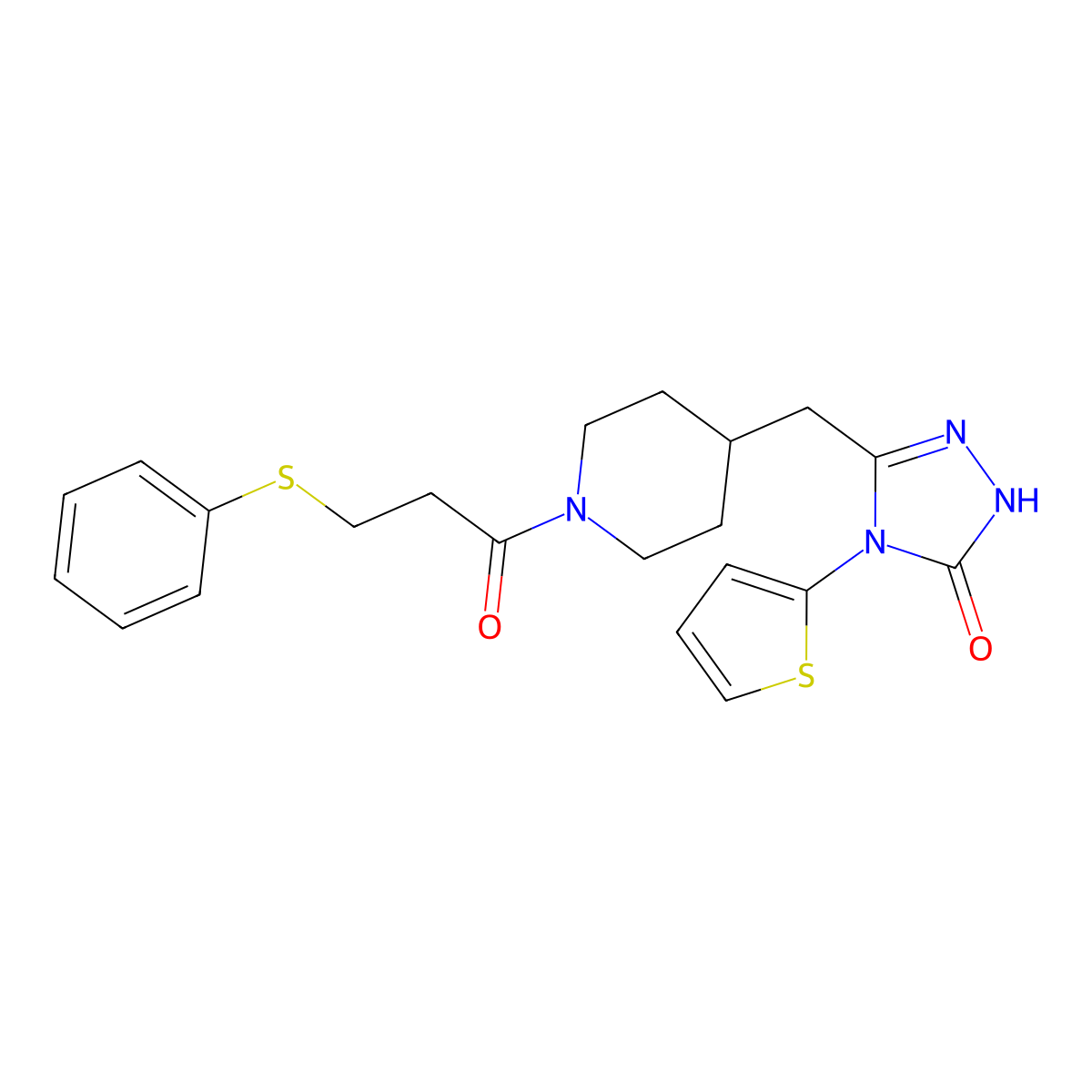 3-((1-(3-(phenylthio)propanoyl)piperidin-4-yl)methyl)-4-(thiophen-2-yl)-1H-1,2,4-triazol-5(4H)-one molecular structure, CAS 2034287-17-5