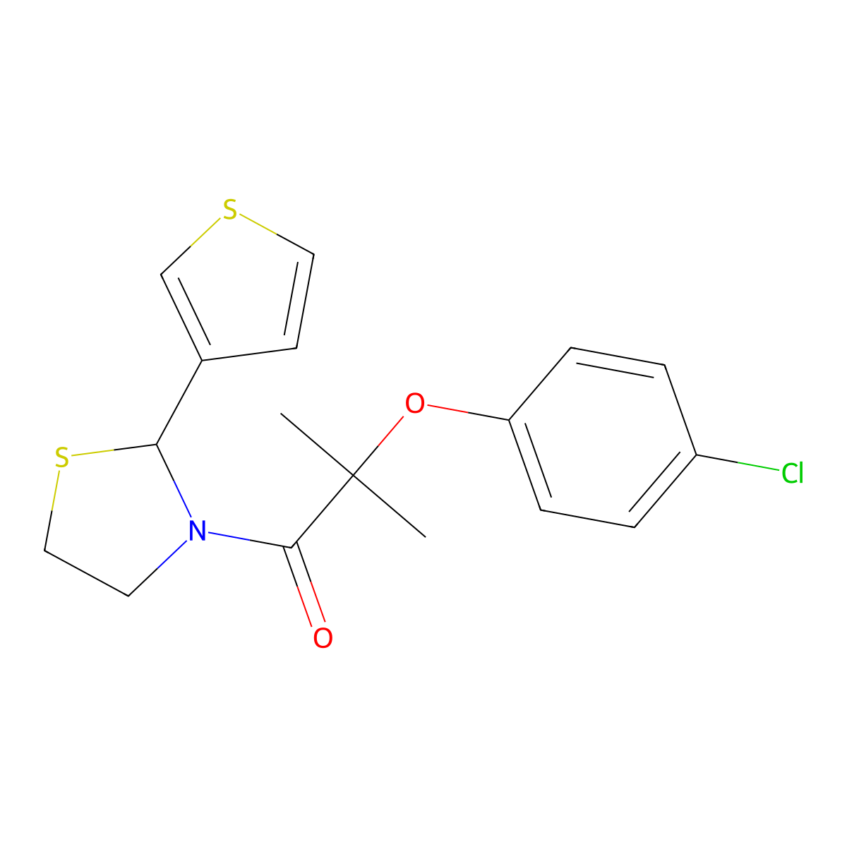 2-(4-Chlorophenoxy)-2-methyl-1-(2-(thiophen-3-yl)thiazolidin-3-yl)propan-1-one molecular structure, CAS 2034287-19-7