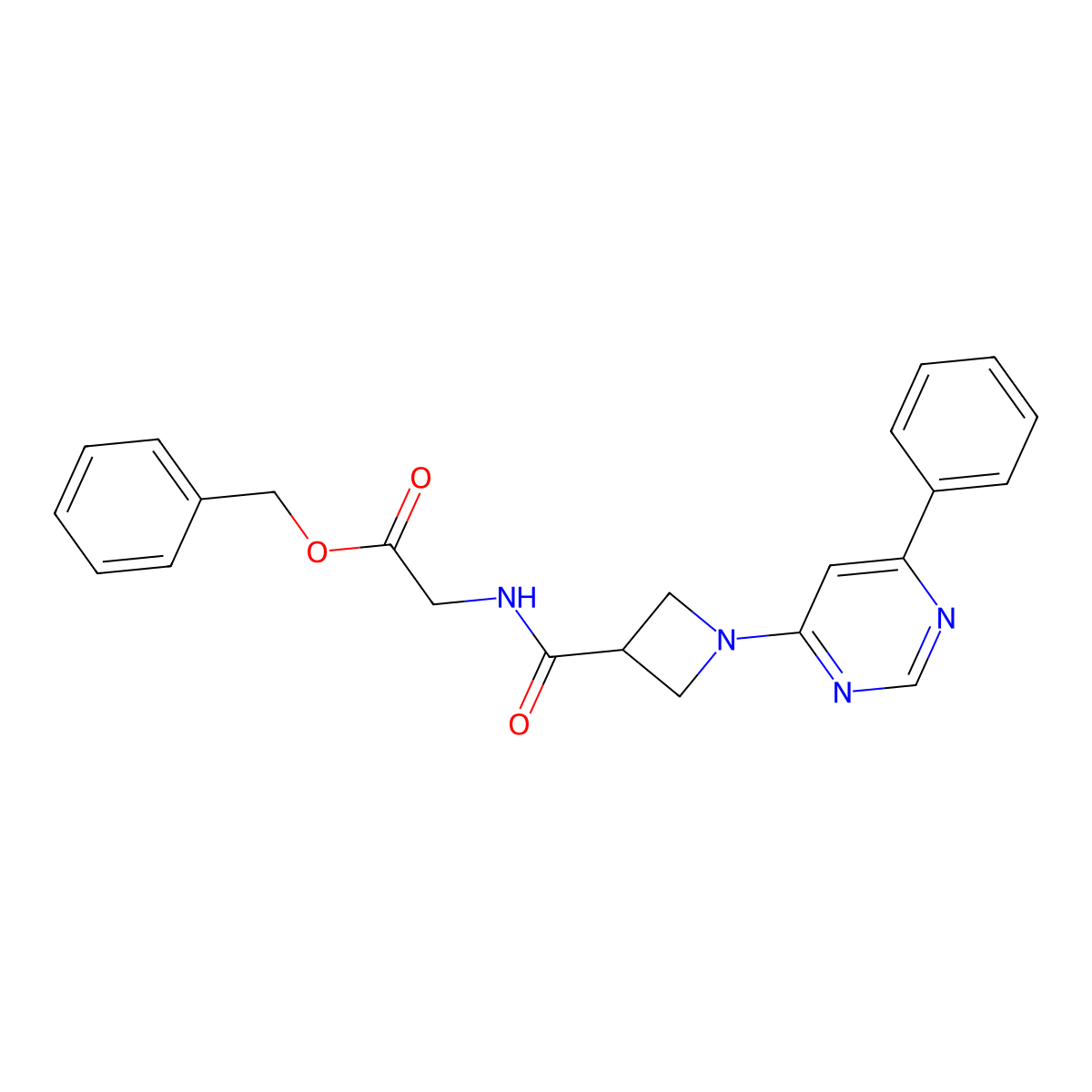 Benzyl 2-(1-(6-phenylpyrimidin-4-yl)azetidine-3-carboxamido)acetate molecular structure, CAS 2034287-20-0