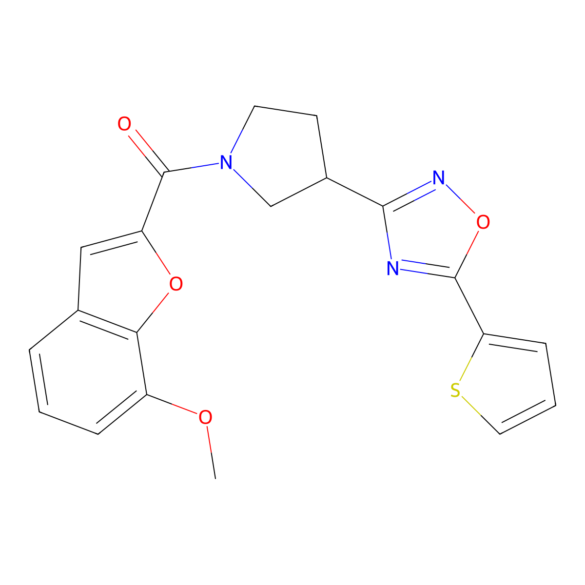 (7-Methoxybenzofuran-2-yl)(3-(5-(thiophen-2-yl)-1,2,4-oxadiazol-3-yl)pyrrolidin-1-yl)methanone molecular structure, CAS 2034287-22-2