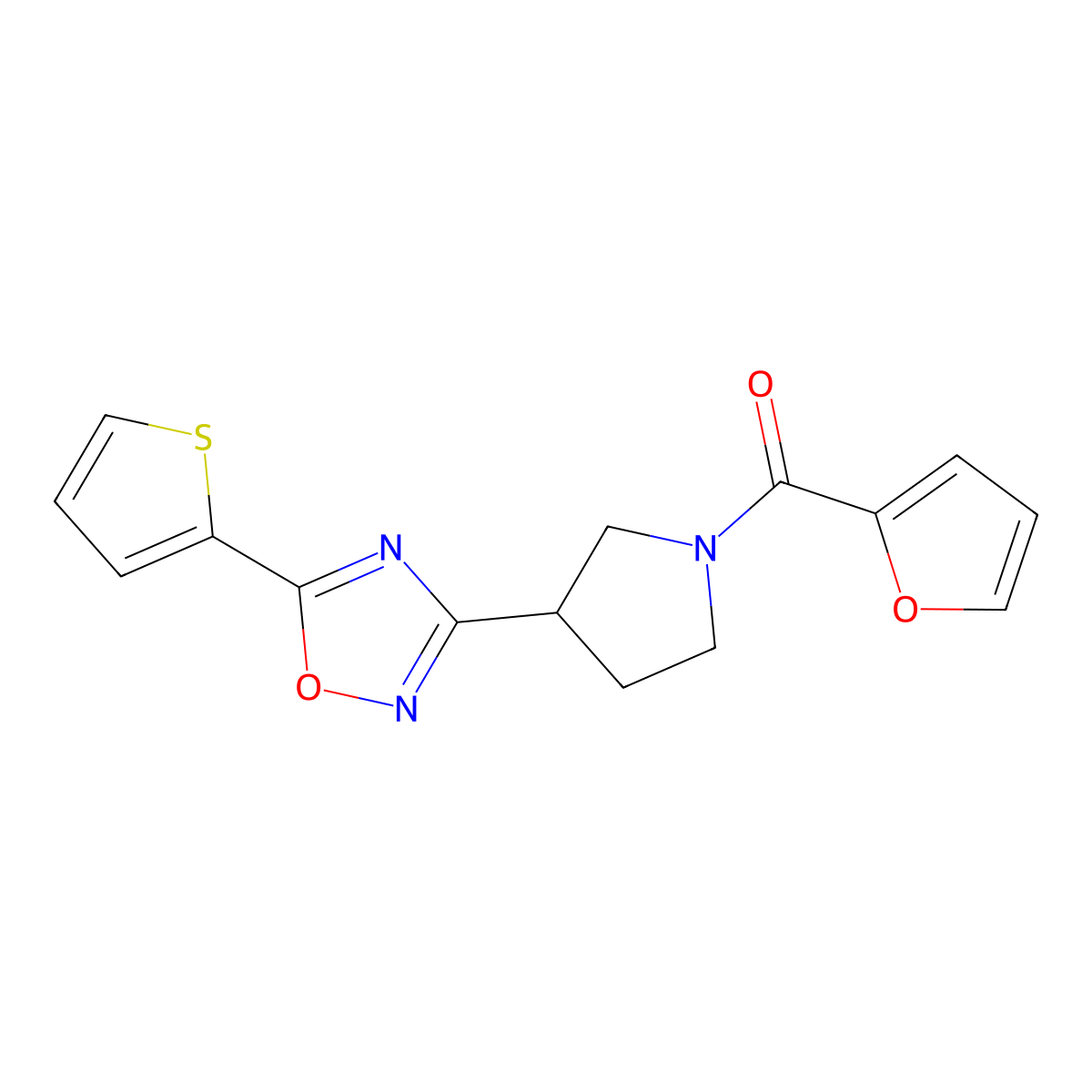 Furan-2-yl(3-(5-(thiophen-2-yl)-1,2,4-oxadiazol-3-yl)pyrrolidin-1-yl)methanone molecular structure, CAS 2034287-33-5