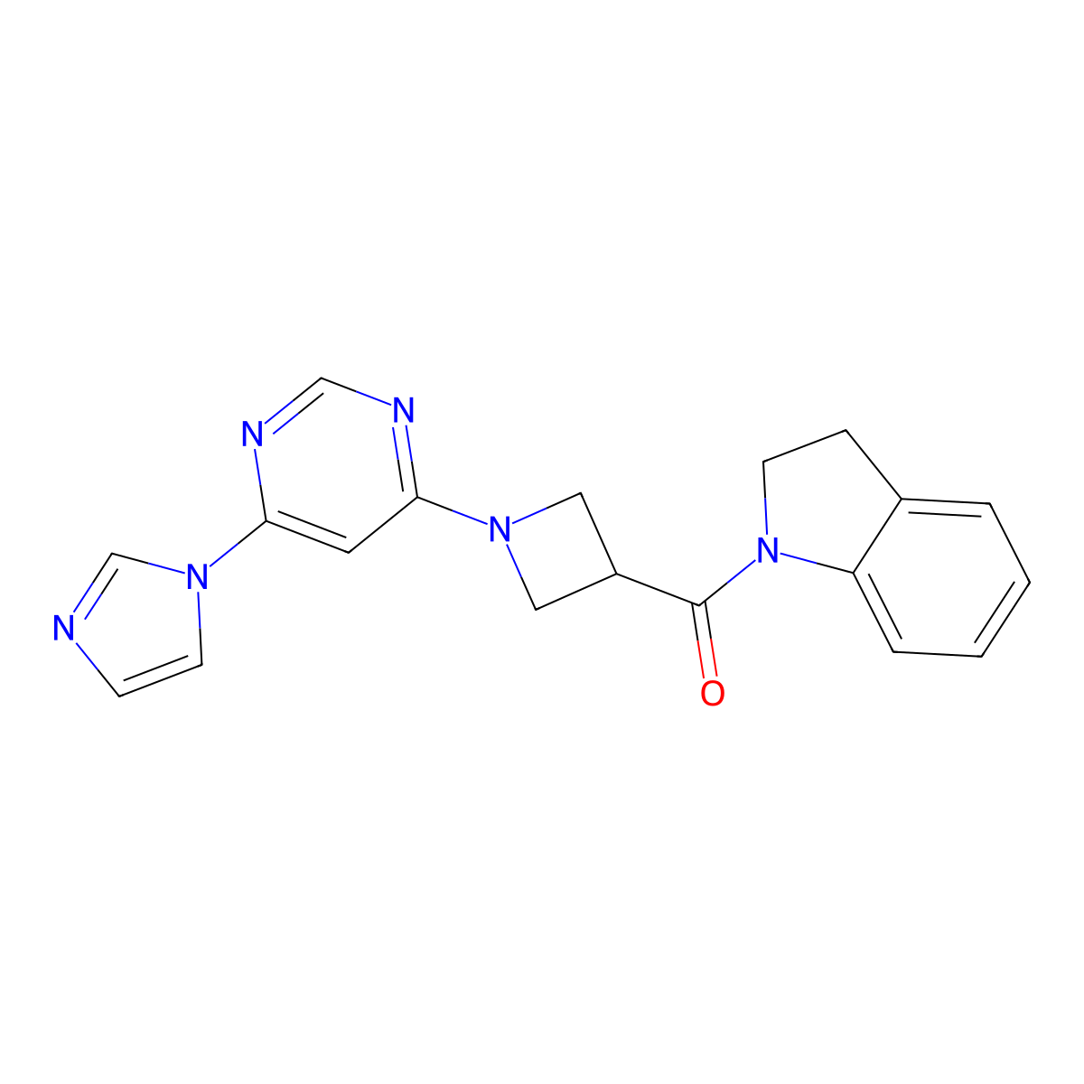 (1-(6-(1H-imidazol-1-yl)pyrimidin-4-yl)azetidin-3-yl)(indolin-1-yl)methanone molecular structure, CAS 2034287-34-6