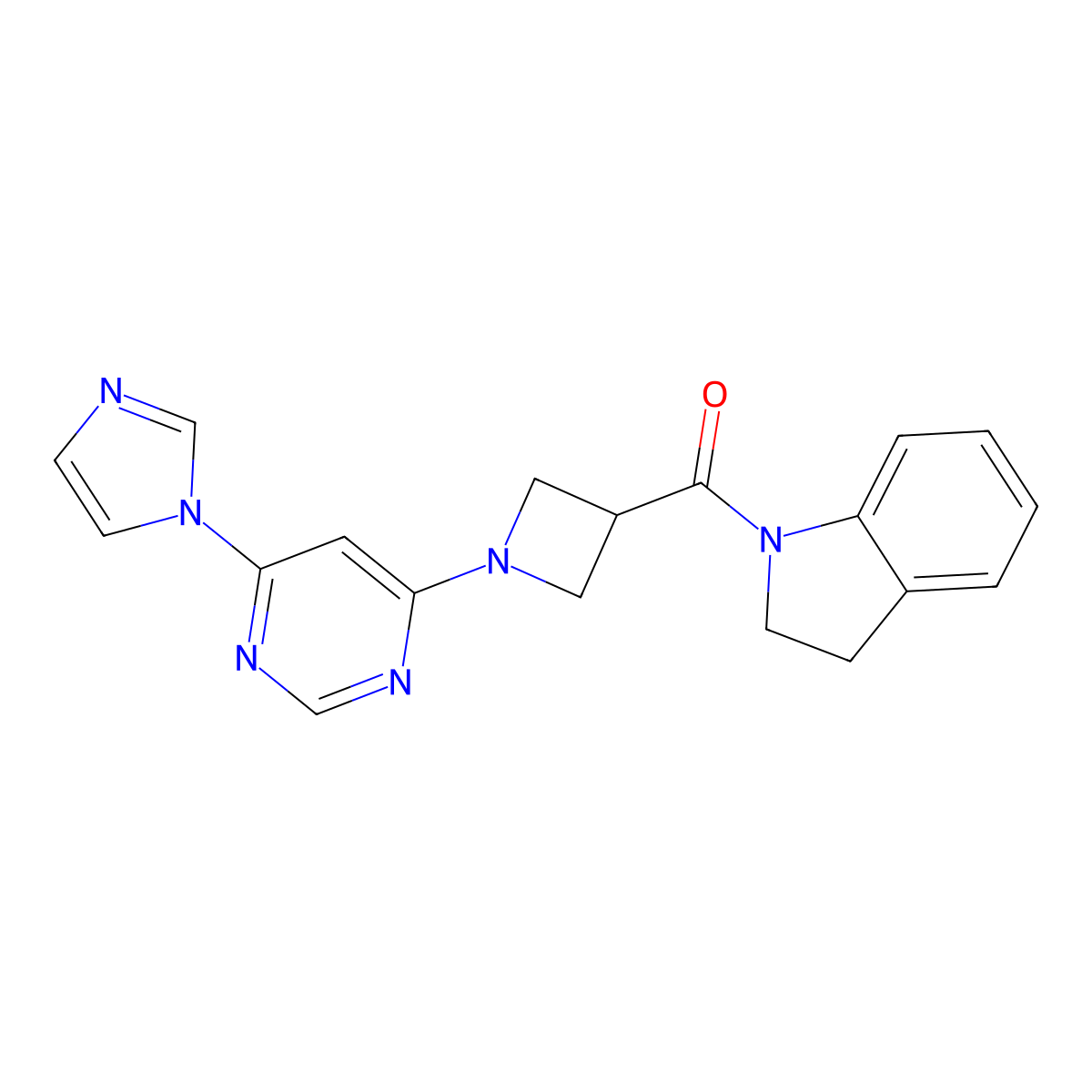 (1-(6-(1H-imidazol-1-yl)pyrimidin-4-yl)azetidin-3-yl)(indolin-1-yl)methanone molecular structure, CAS 2034287-34-6