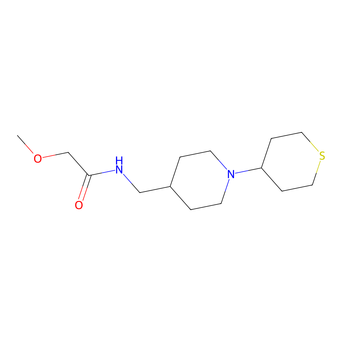 2-methoxy-N-((1-(tetrahydro-2H-thiopyran-4-yl)piperidin-4-yl)methyl)acetamide molecular structure, CAS 2034287-37-9