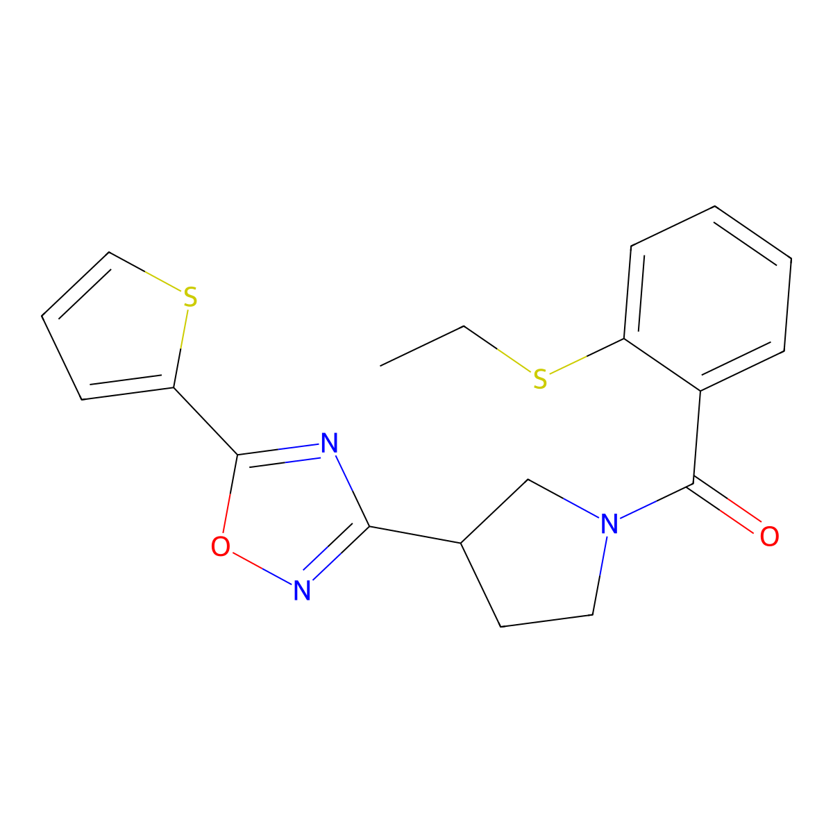 (2-(Ethylthio)phenyl)(3-(5-(thiophen-2-yl)-1,2,4-oxadiazol-3-yl)pyrrolidin-1-yl)methanone molecular structure, CAS 2034287-39-1