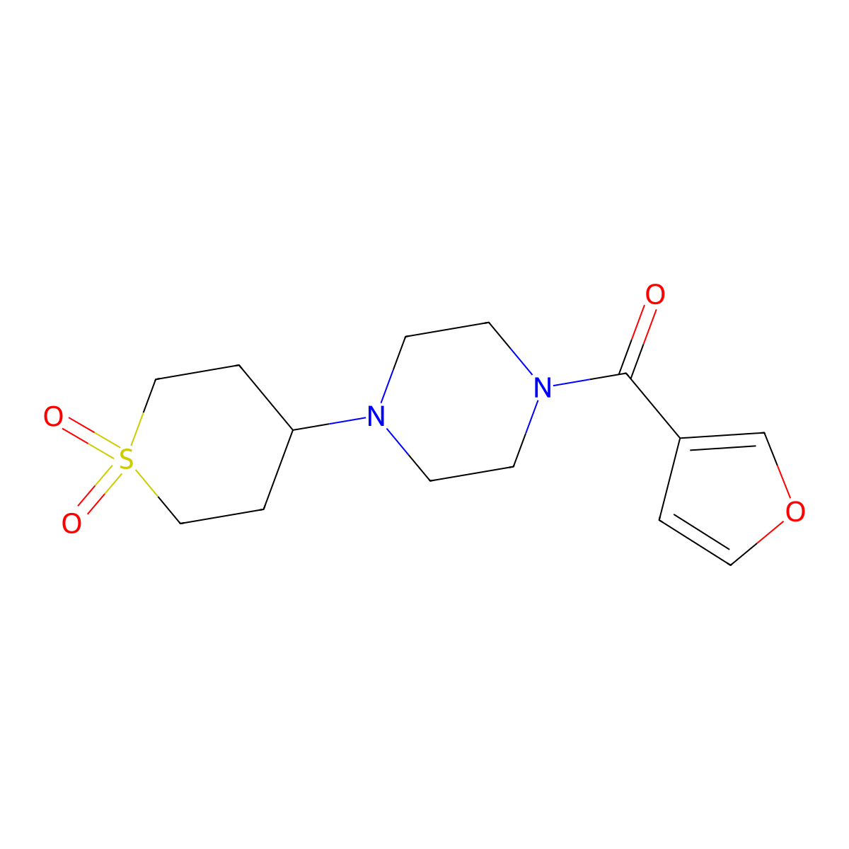 (4-(1,1-dioxidotetrahydro-2H-thiopyran-4-yl)piperazin-1-yl)(furan-3-yl)methanone molecular structure, CAS 2034287-40-4
