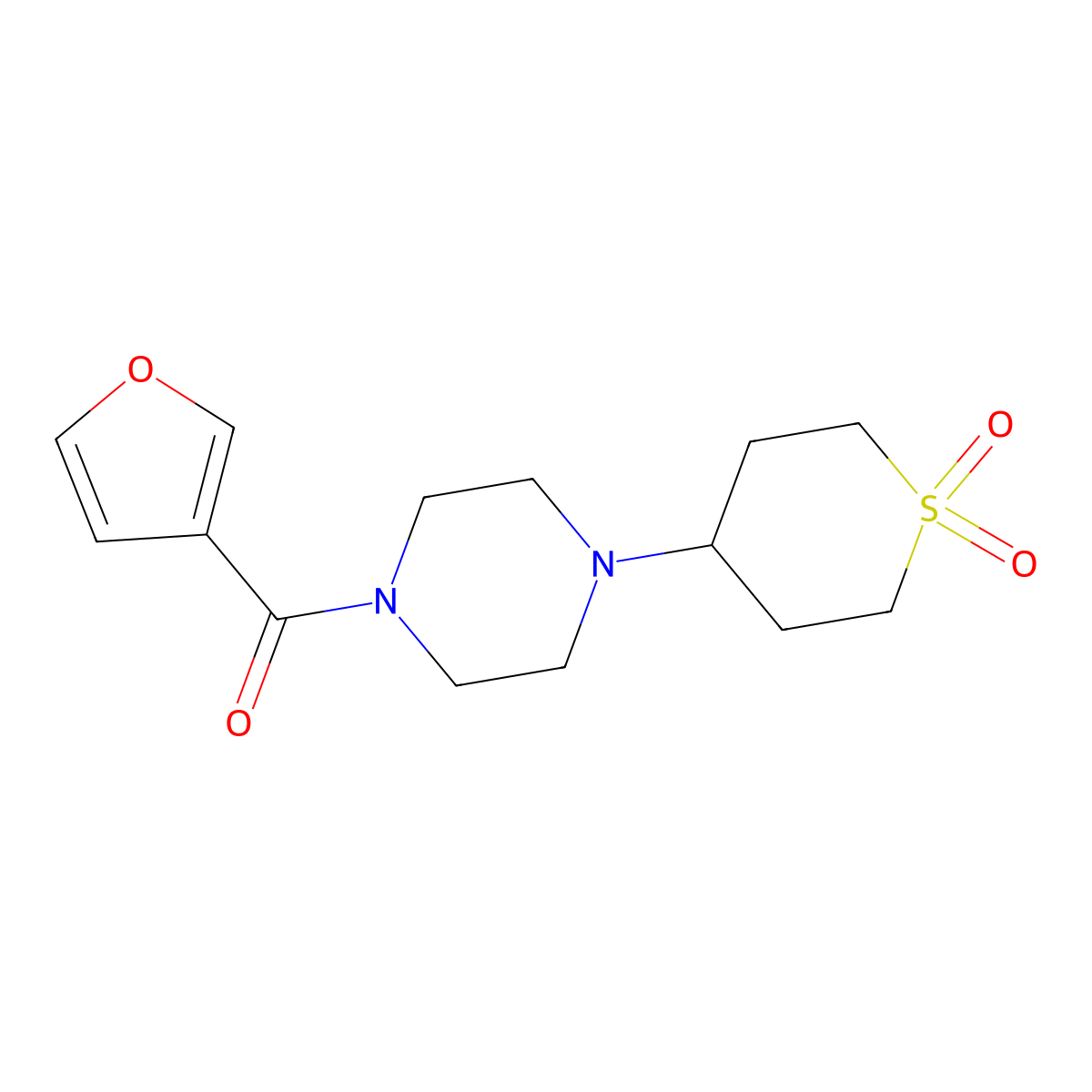 (4-(1,1-dioxidotetrahydro-2H-thiopyran-4-yl)piperazin-1-yl)(furan-3-yl)methanone molecular structure, CAS 2034287-40-4
