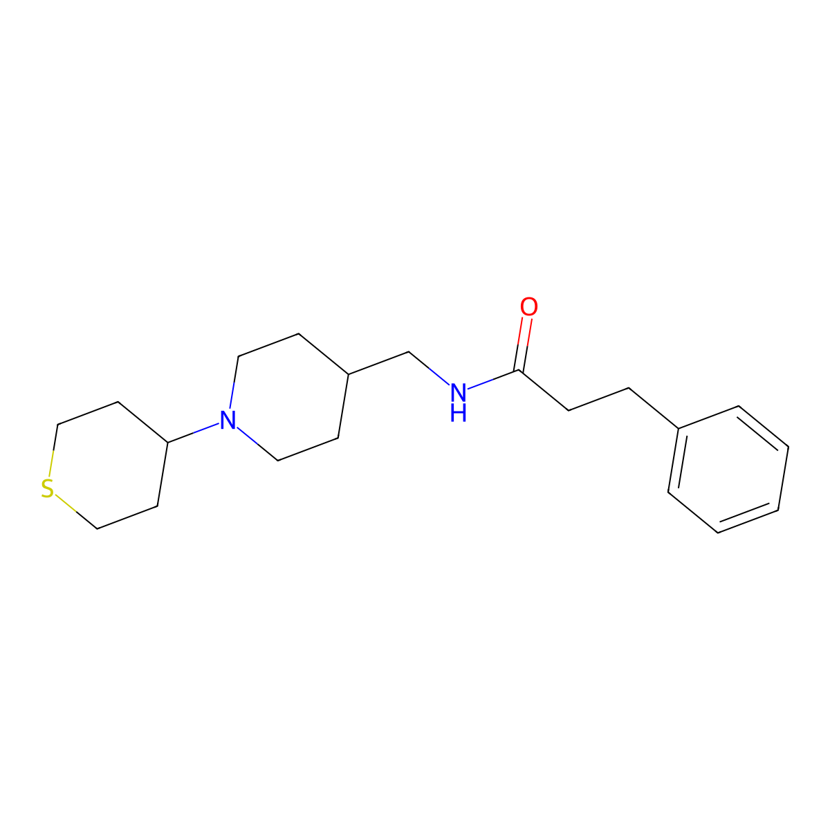 3-phenyl-N-((1-(tetrahydro-2H-thiopyran-4-yl)piperidin-4-yl)methyl)propanamide molecular structure, CAS 2034287-41-5