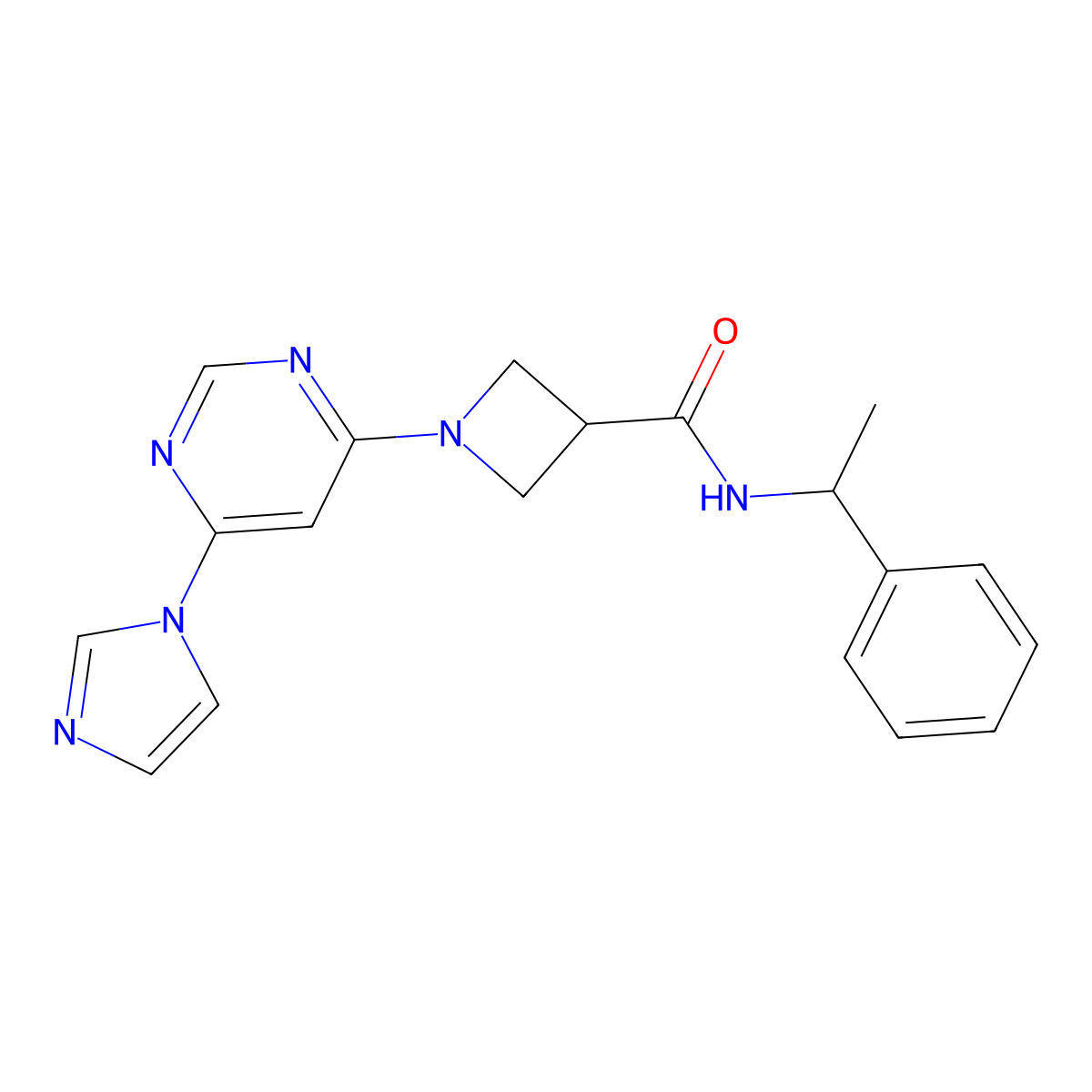 1-[6-(1H-imidazol-1-yl)pyrimidin-4-yl]-N-(1-phenylethyl)azetidine-3-carboxamide molecular structure, CAS 2034287-44-8