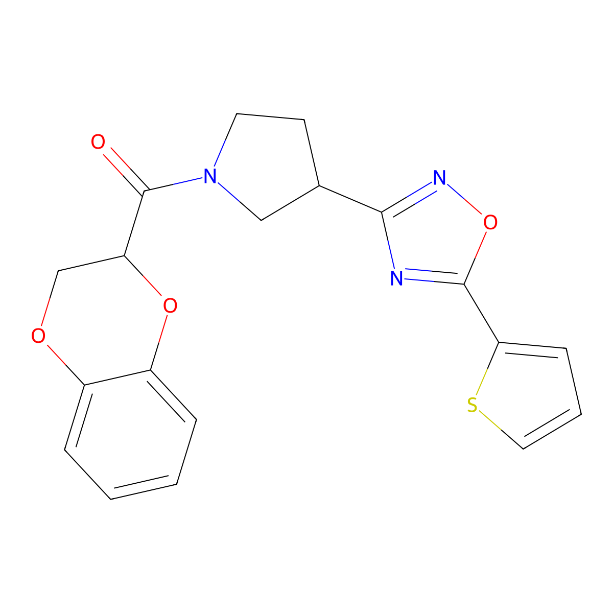 (2,3-Dihydrobenzo[b][1,4]dioxin-2-yl)(3-(5-(thiophen-2-yl)-1,2,4-oxadiazol-3-yl)pyrrolidin-1-yl)methanone molecular structure, CAS 2034287-49-3