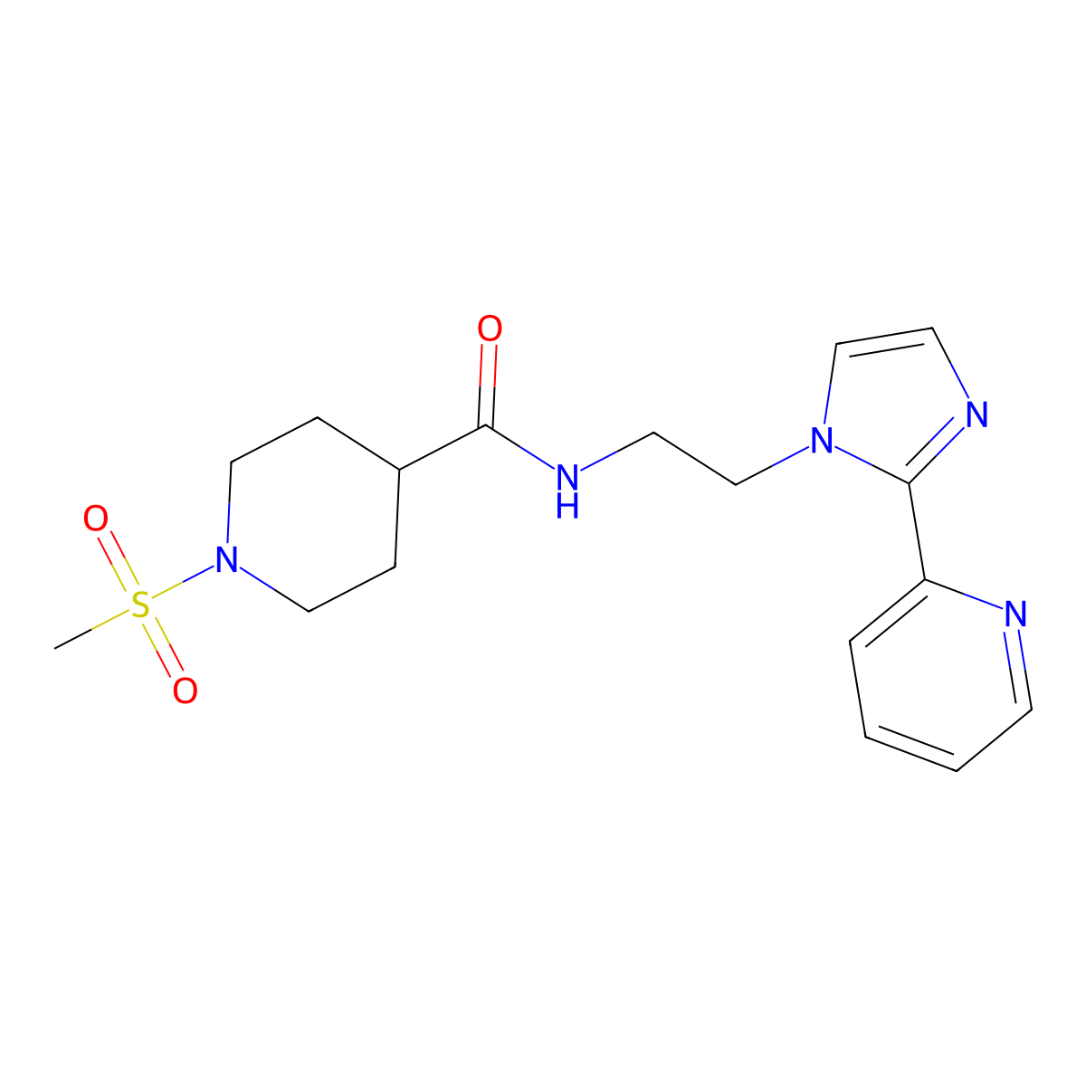1-(methylsulfonyl)-N-(2-(2-(pyridin-2-yl)-1H-imidazol-1-yl)ethyl)piperidine-4-carboxamide molecular structure, CAS 2034287-58-4