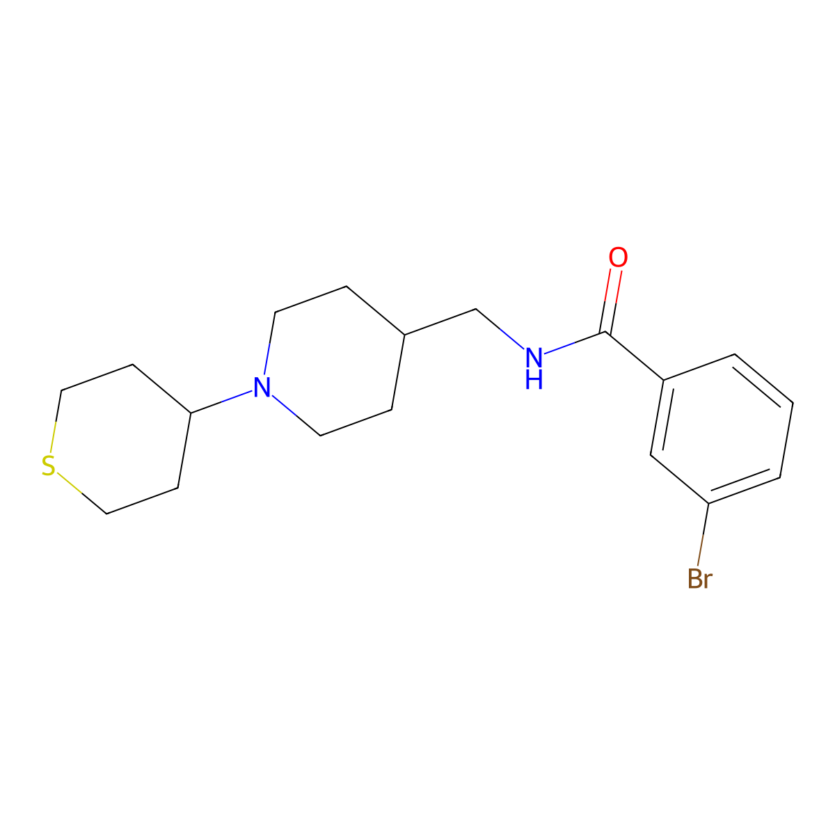 3-bromo-N-((1-(tetrahydro-2H-thiopyran-4-yl)piperidin-4-yl)methyl)benzamide molecular structure, CAS 2034287-64-2