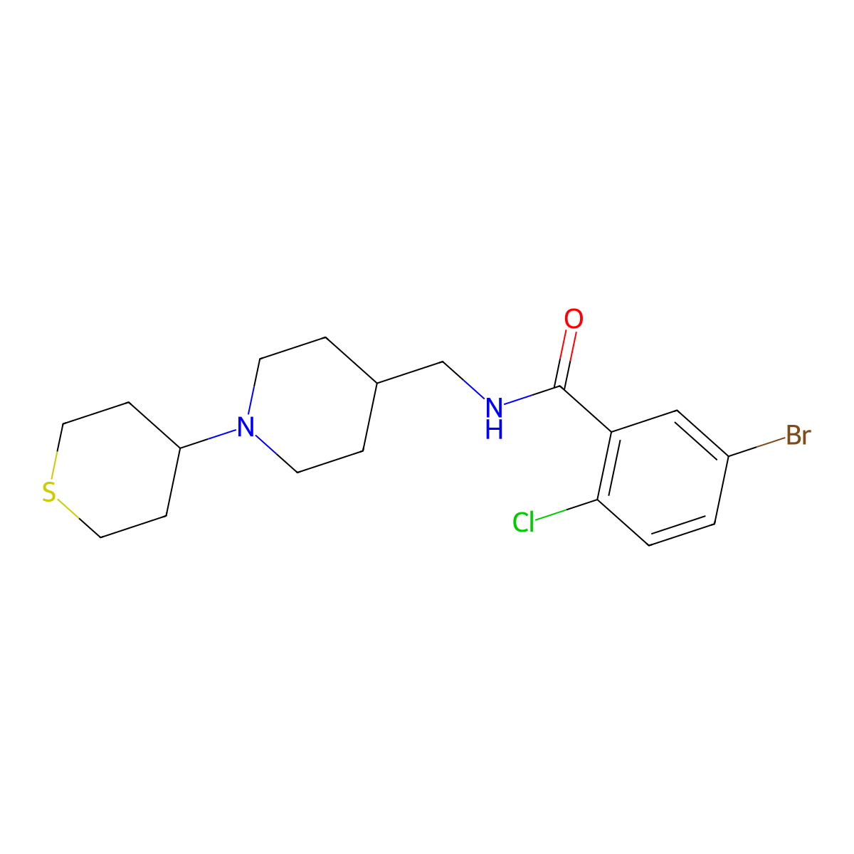 5-bromo-2-chloro-N-((1-(tetrahydro-2H-thiopyran-4-yl)piperidin-4-yl)methyl)benzamide molecular structure, CAS 2034287-67-5