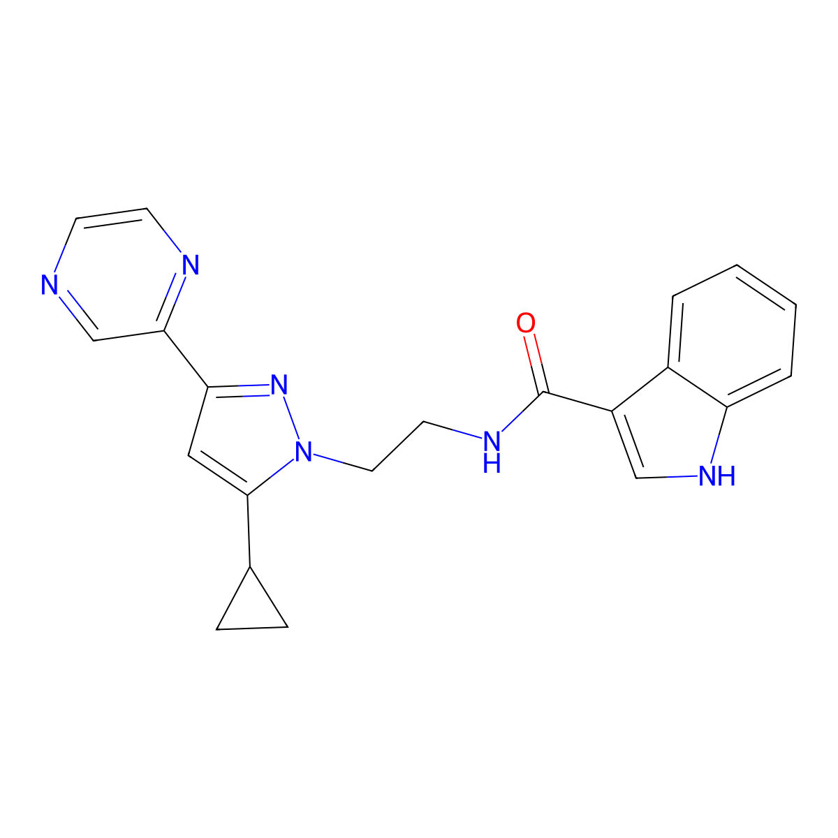 N-(2-(5-cyclopropyl-3-(pyrazin-2-yl)-1H-pyrazol-1-yl)ethyl)-1H-indole-3-carboxamide molecular structure, CAS 2034287-68-6