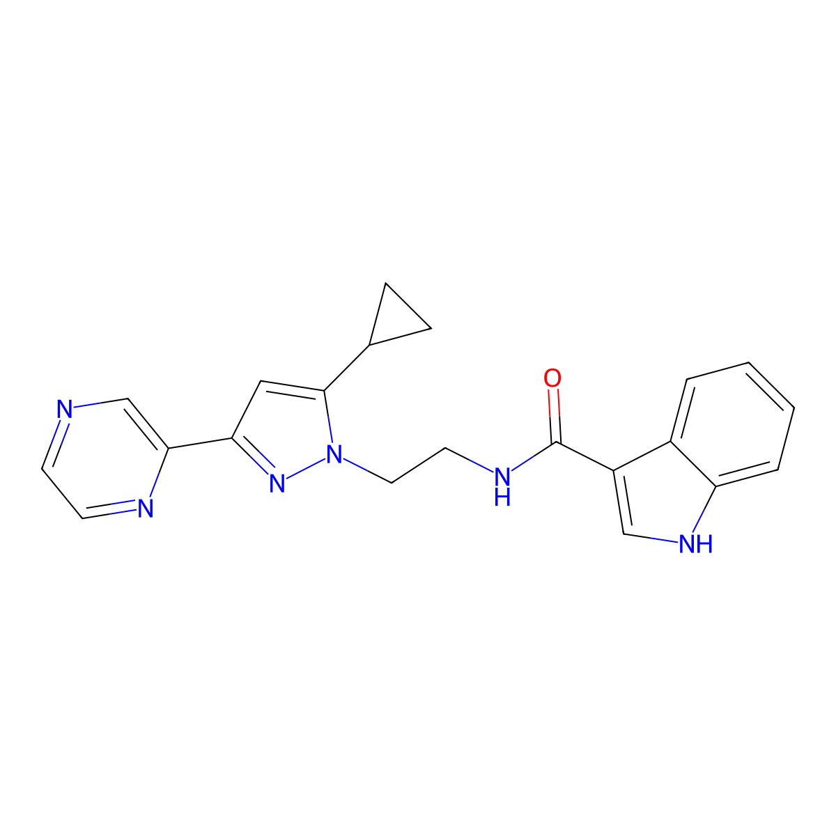 N-(2-(5-cyclopropyl-3-(pyrazin-2-yl)-1H-pyrazol-1-yl)ethyl)-1H-indole-3-carboxamide molecular structure, CAS 2034287-68-6