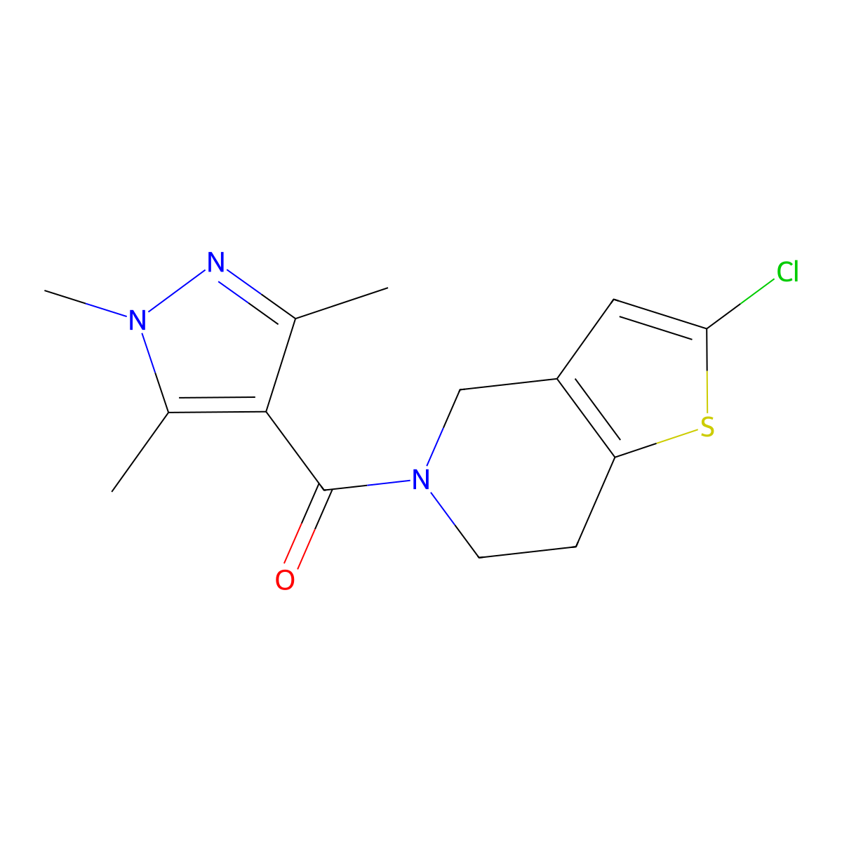 (2-chloro-6,7-dihydrothieno[3,2-c]pyridin-5(4H)-yl)(1,3,5-trimethyl-1H-pyrazol-4-yl)methanone molecular structure, CAS 2034287-70-0
