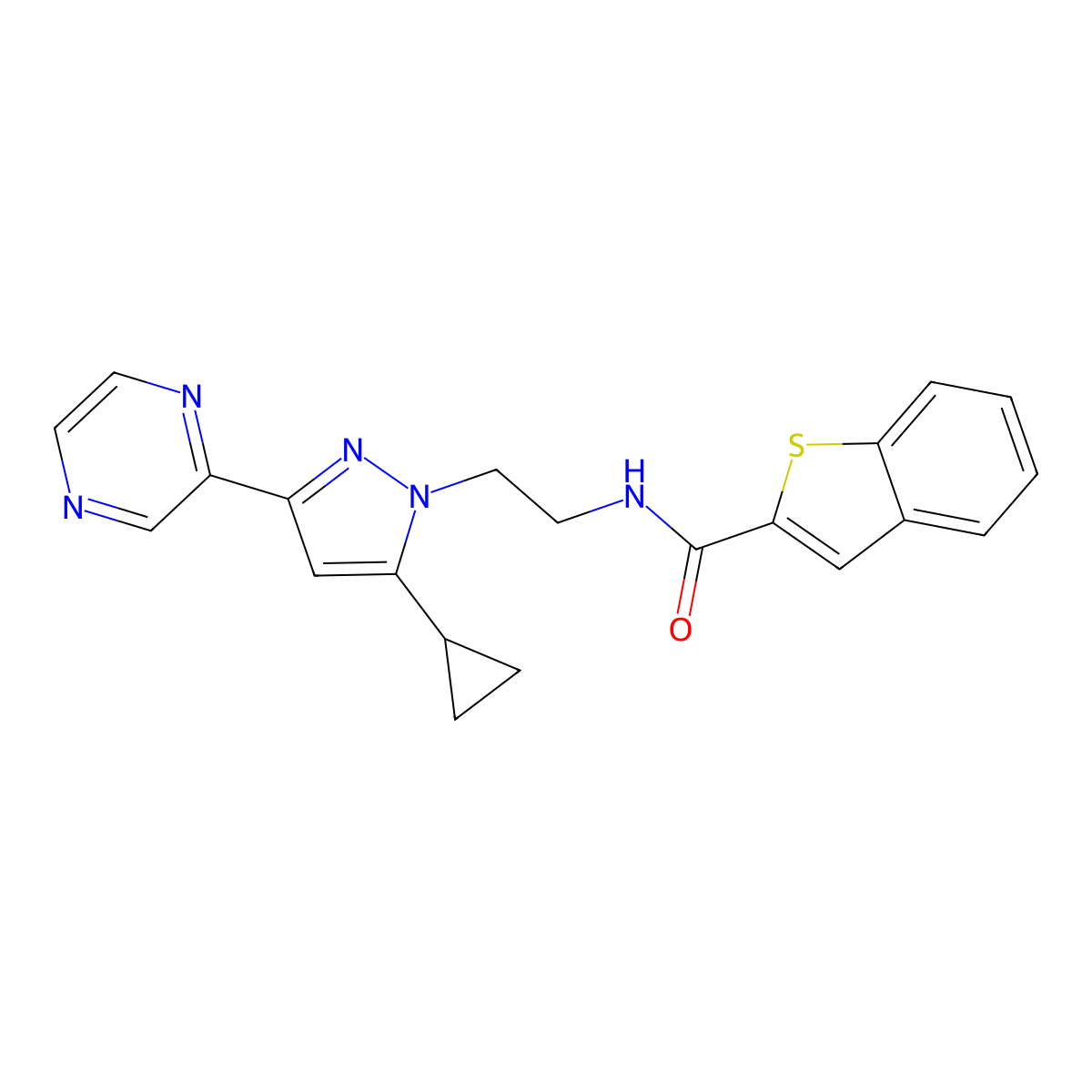 N-(2-(5-cyclopropyl-3-(pyrazin-2-yl)-1H-pyrazol-1-yl)ethyl)benzo[b]thiophene-2-carboxamide molecular structure, CAS 2034287-71-1
